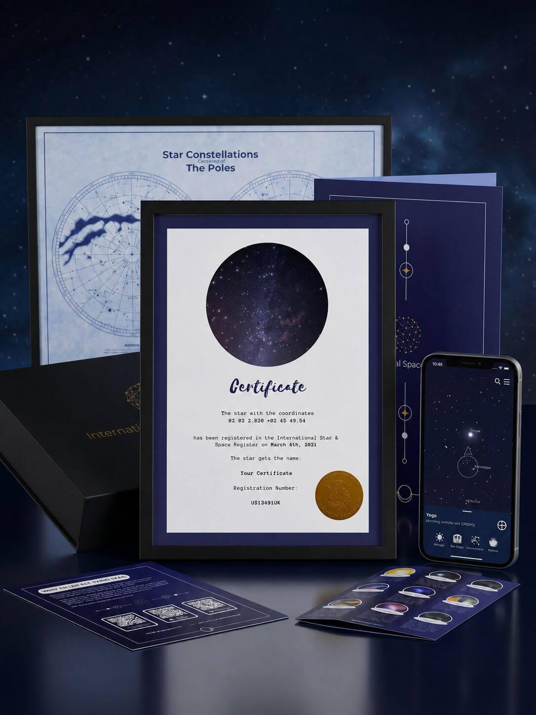 Buy a star product composition with name a star certificate, universe star finder app, xxl star poster, gift box and gift folder